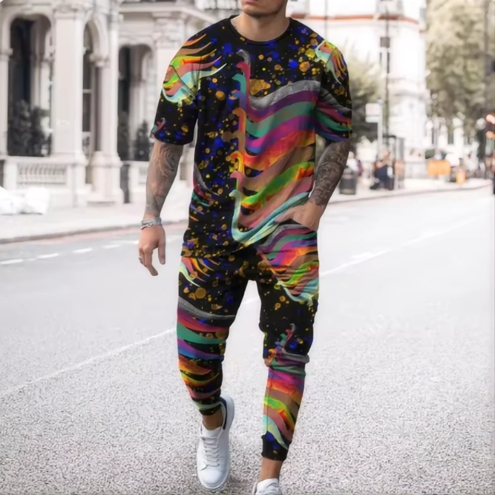 Summer fashion new striped simplest bee pattern 3D printed fashion short sleeved T-shirt long pants men's set 2