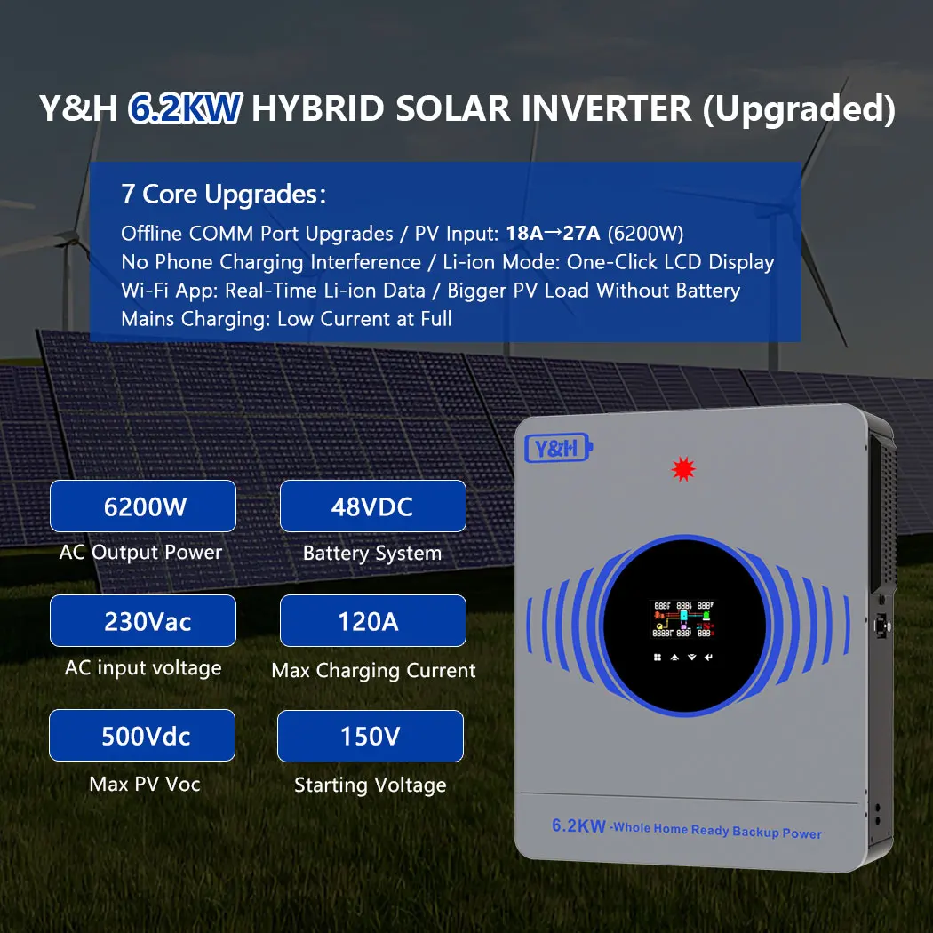 2026 Y&H 6.2KW 4.2KW 하이브리드 태양광 인버터 24V 48V 220V 온/오프 그리드 인버터 배터리 프리 작동 MPPT 120A 태양광 충전기 포함