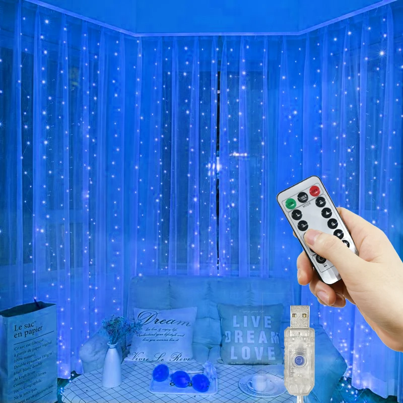 thumbnail image 1 of Cortina de luces LED con USB, 3, 4 y 6 m, 8 modos, luces de hadas para dormitorio, decoración de bodas y Navidad para el hogar, decoración de Año Nuevo 2025, 1 of 5