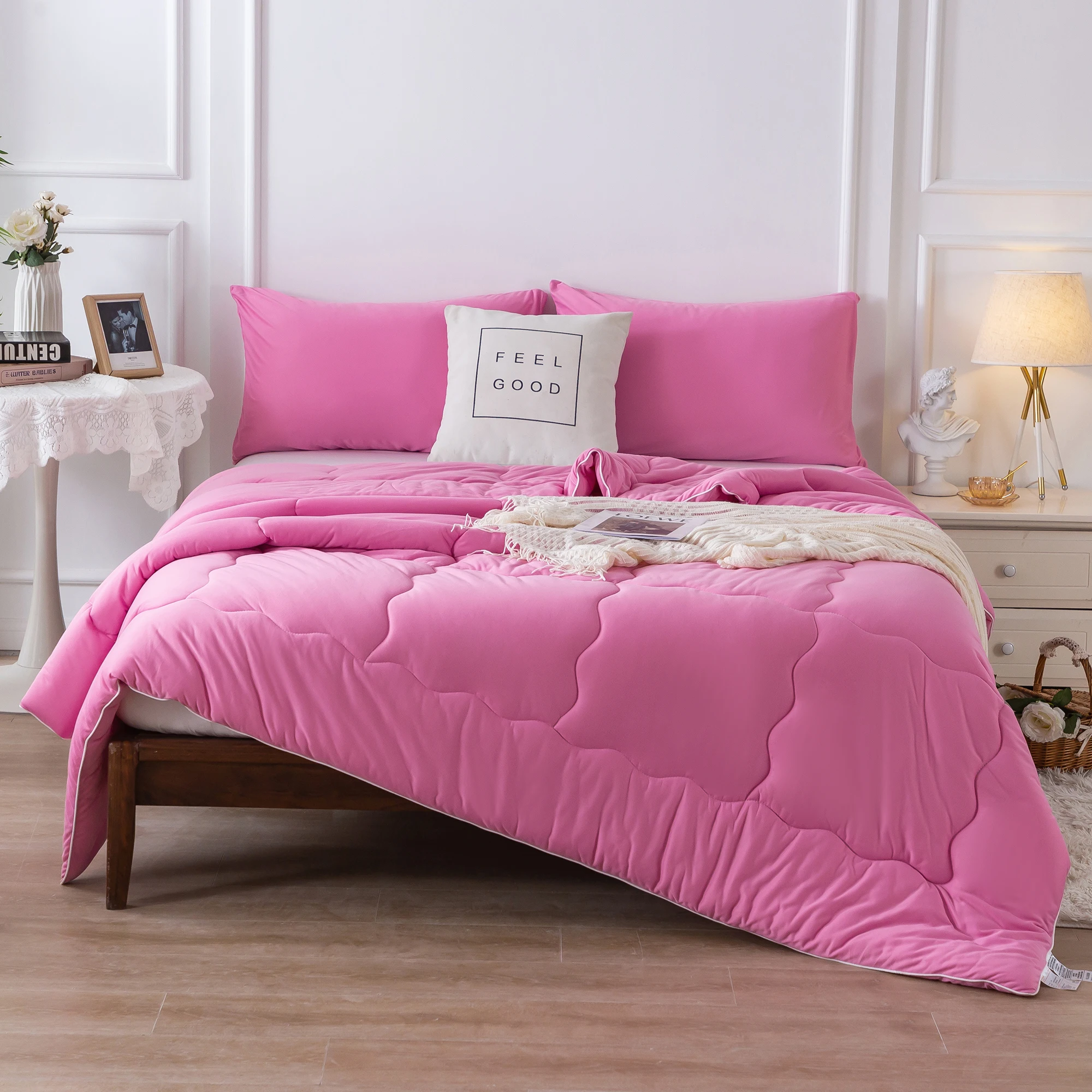 

Jersey Knit Cotton Cozy Breathable Bedding1 Down Alternative with 2 Pillowcase for All Season Use Rose pink Twin XL Size