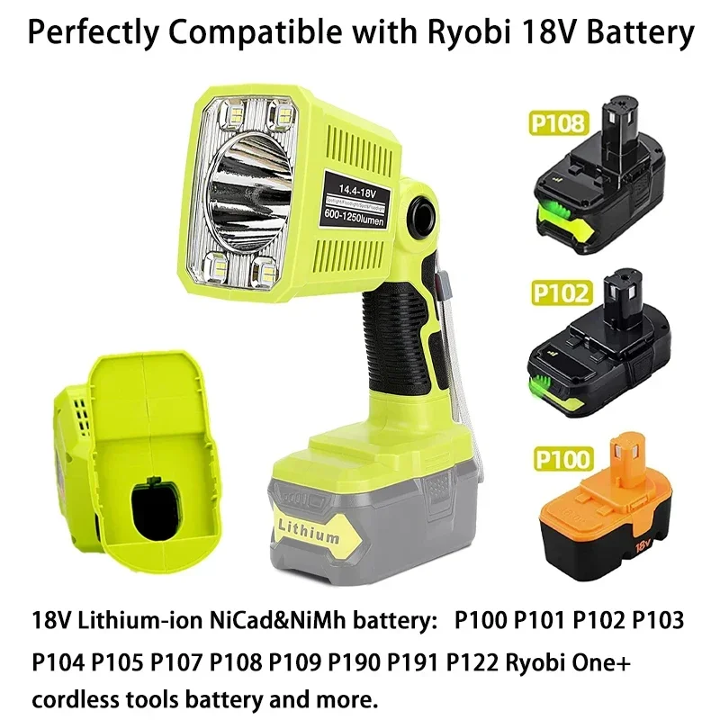 료비용 LED 손전등, 18W 리튬 니켈 배터리, P108, P104, 1250LM, LED 작업등, 스포트라이트, 비상 야외 조명