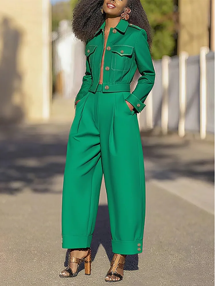 UOOZEE 2025 New Women Casual Office 2 Pieces Sets Button Long Sleeves Lapel Jackets & High Waisted Wide Leg Pleated Pants Suits 1