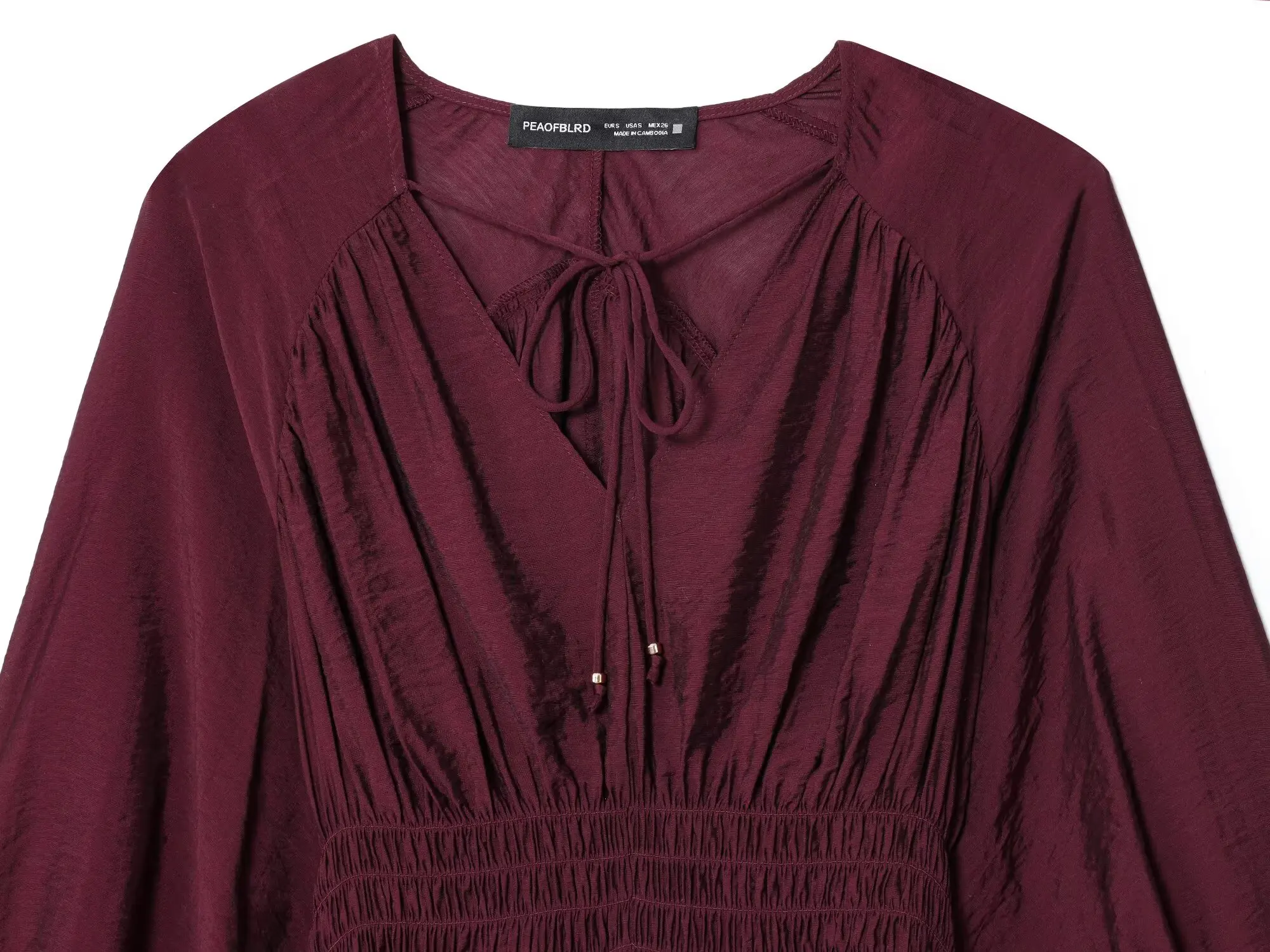 2025 Autumn Women's Casual Fashion Simple Blouse Temperament Versatile V-Neck Drawstring Design Pleated Long Sleeves Shirt Top