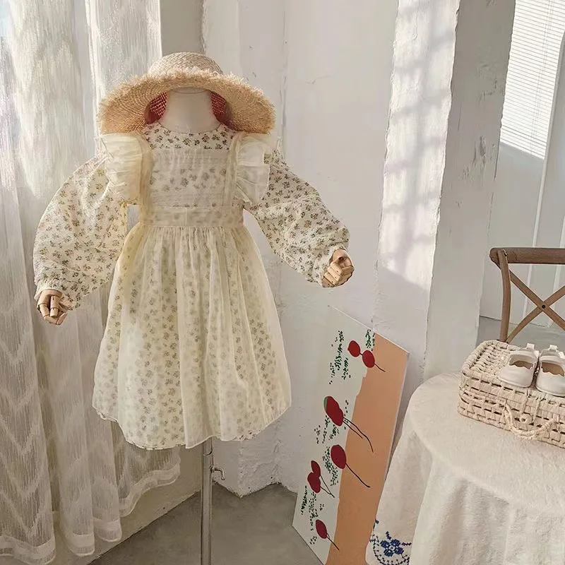 

Children Clothing 2023 New Fashionable Girls Sweet Floral Dress Spring Korean Style Baby Gauze Apron Simple Style Two Piece Set
