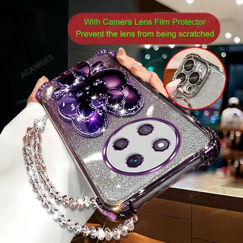 Mirror Rabbit Stand Clear Silicone Soft Case with Plating & Bead Chain - Anti-Fall Four Corners Protection