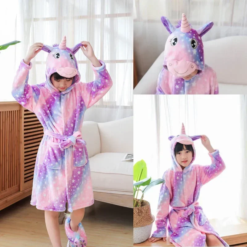 Jungen und Mädchen Kapuze Tier Cartoon Bademantel Einhorn Kigurumi Pyjama für Mädchen Kinder Kimono Winter Kinder Pyjama Nachtwäsche