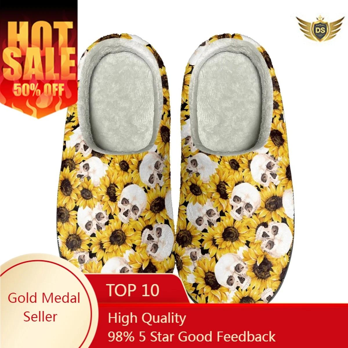 Winter Couple Women Home Footwear Sunflower with Skukll Design Indoor Cotton Slippers Warm Cozy Non-Slip Slippers Zapatos Mujer