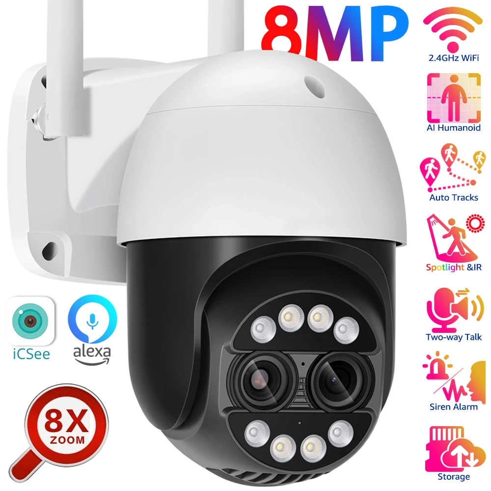 

8MP Dual Lens PTZ Wireless Security Camera Outdoor 2.8mm-12mm 8X Zoom 2-way Talk Auto Tracking 360° View WiFi IP Camera iCSee