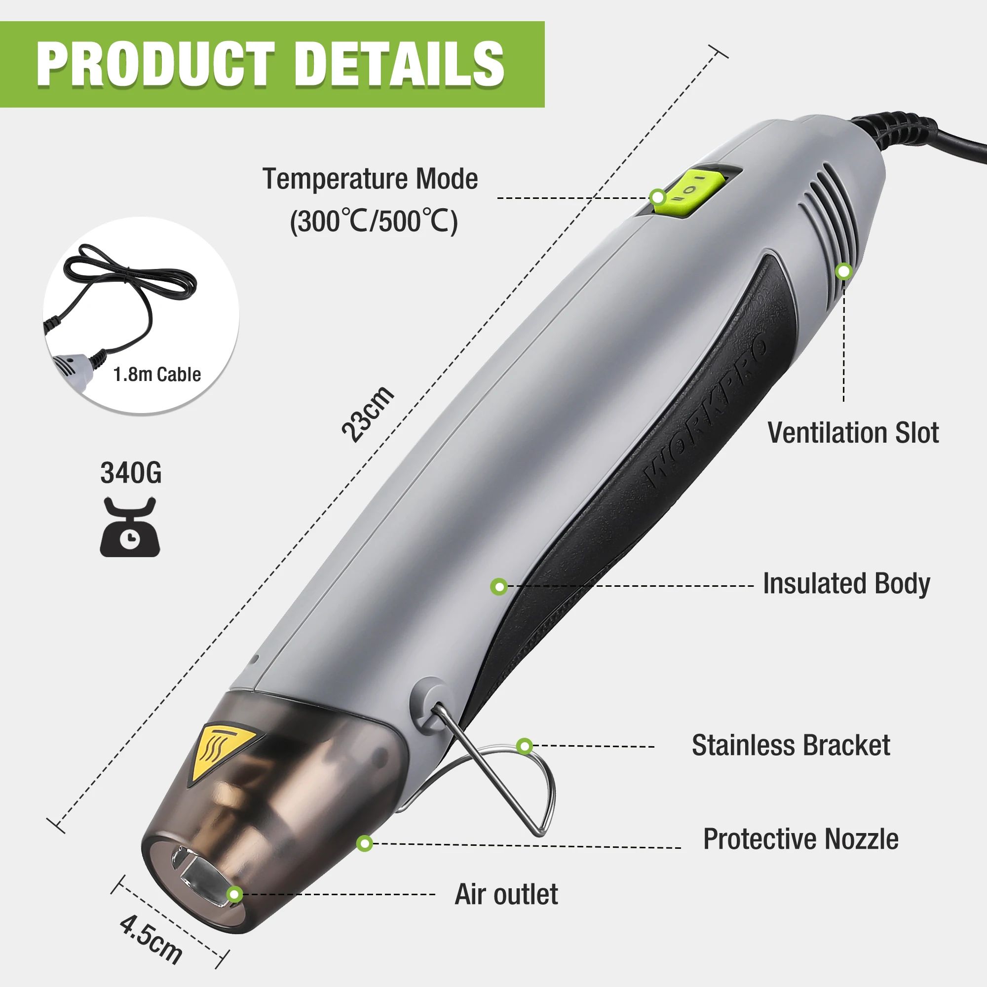 WORKPRO Heat Gun, 400W Mini Hot Air Gun with Reflector Nozzle, 2 Temp Settings 250℃/450℃，Shrink Wrapping PVC, Drying Paint 2