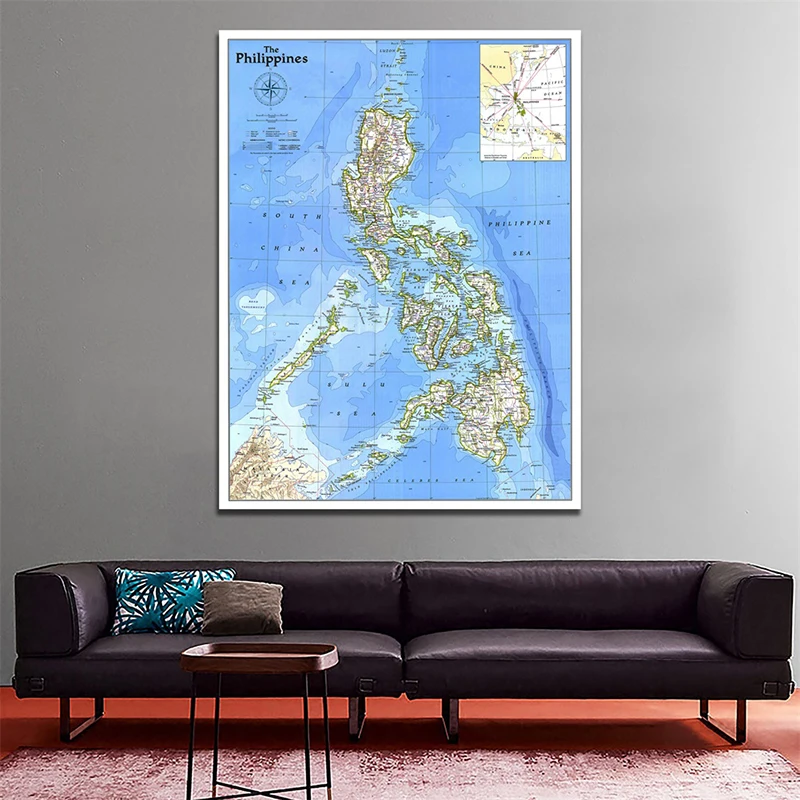 Philippines Map 1986 Decorative Hanging Picture 100x150cm Non-woven Detailed Poster Wall Chart Retro Paper Kraft Paper