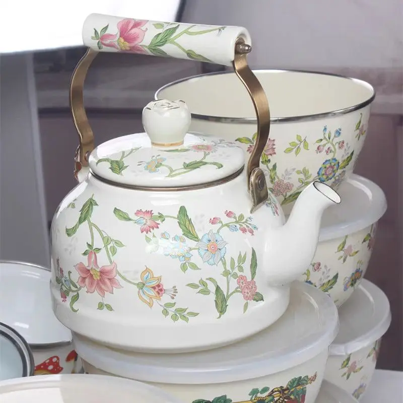 Enamel Kettle 2.5 Liter Boil Kettle Kitchen Cookware Milk Tea Make Flower Tea Coffee Milk Water