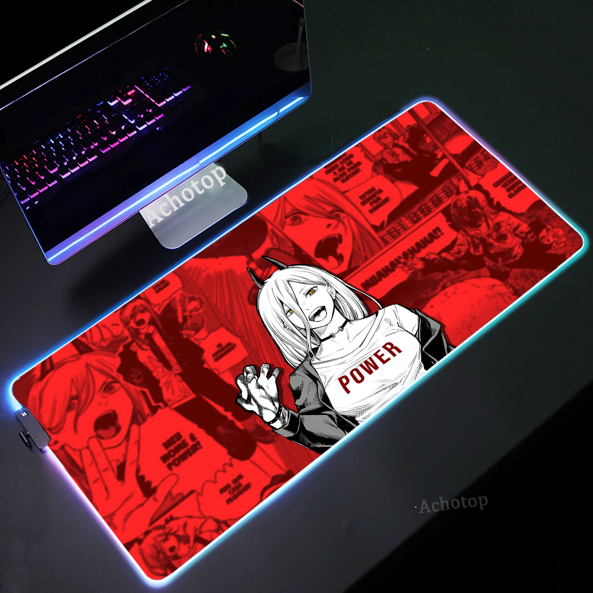 

Gamer RGB Mouse Pad Pc Keyboard Mouse Mat Chainsaw Man HD Print Rubber Mousepad Desk Extended Pads Large LED Backlight Mousemat
