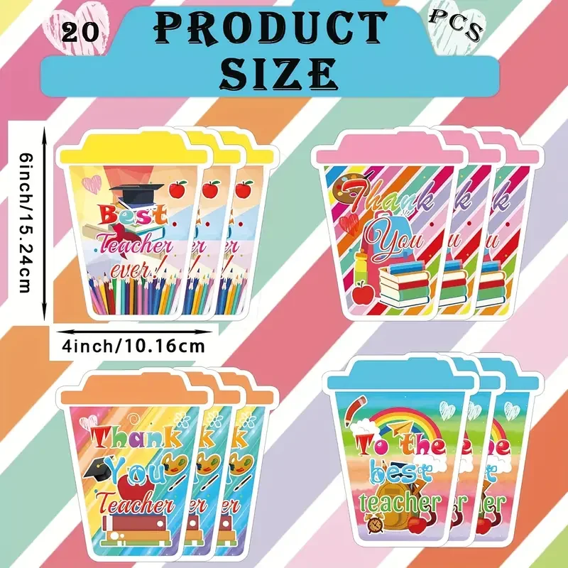 20 Set Funny Thank You Coffee Cup Themed Greeting Cards with Envelopes End Graduation Teacher Appreciation Cards