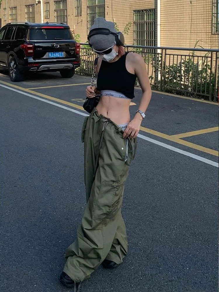 ADAgirl Green Women Cargo Pants Parachute Oversize Straight Leg Trousers Low Waist Sweatpants Casual Drawstring Side Pocket Alt