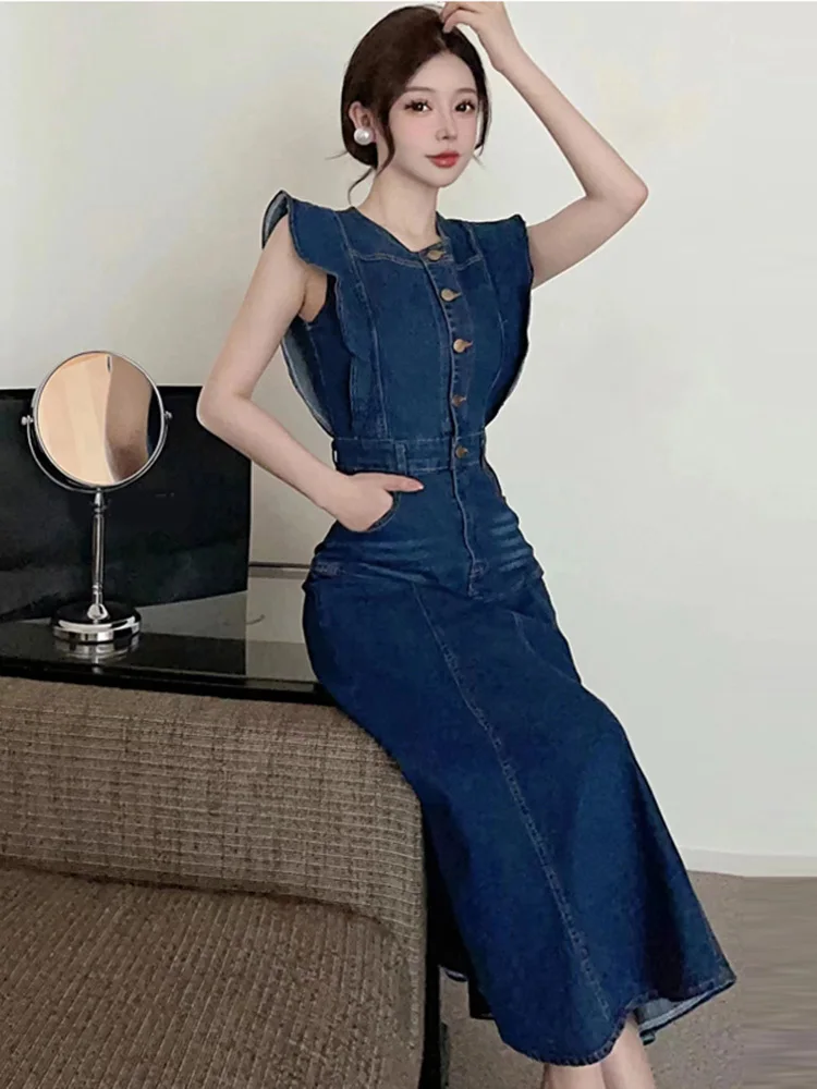 

Vintage Denim Dresses For Women 2023 Summer Elegant Fashion Butterfly Sleeve Slim Waist Midi Midi Dress Vestidos De Mujer