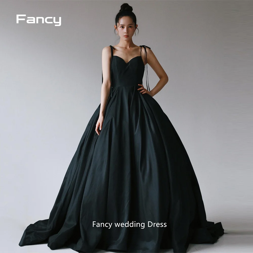 원피스 두꺼운 새틴 무도회 가운, 화려한 심플 블랙 V넥, 한국 웨딩 원피스 스파게티 스트랩, 민소매 A라인 이브닝 파티 