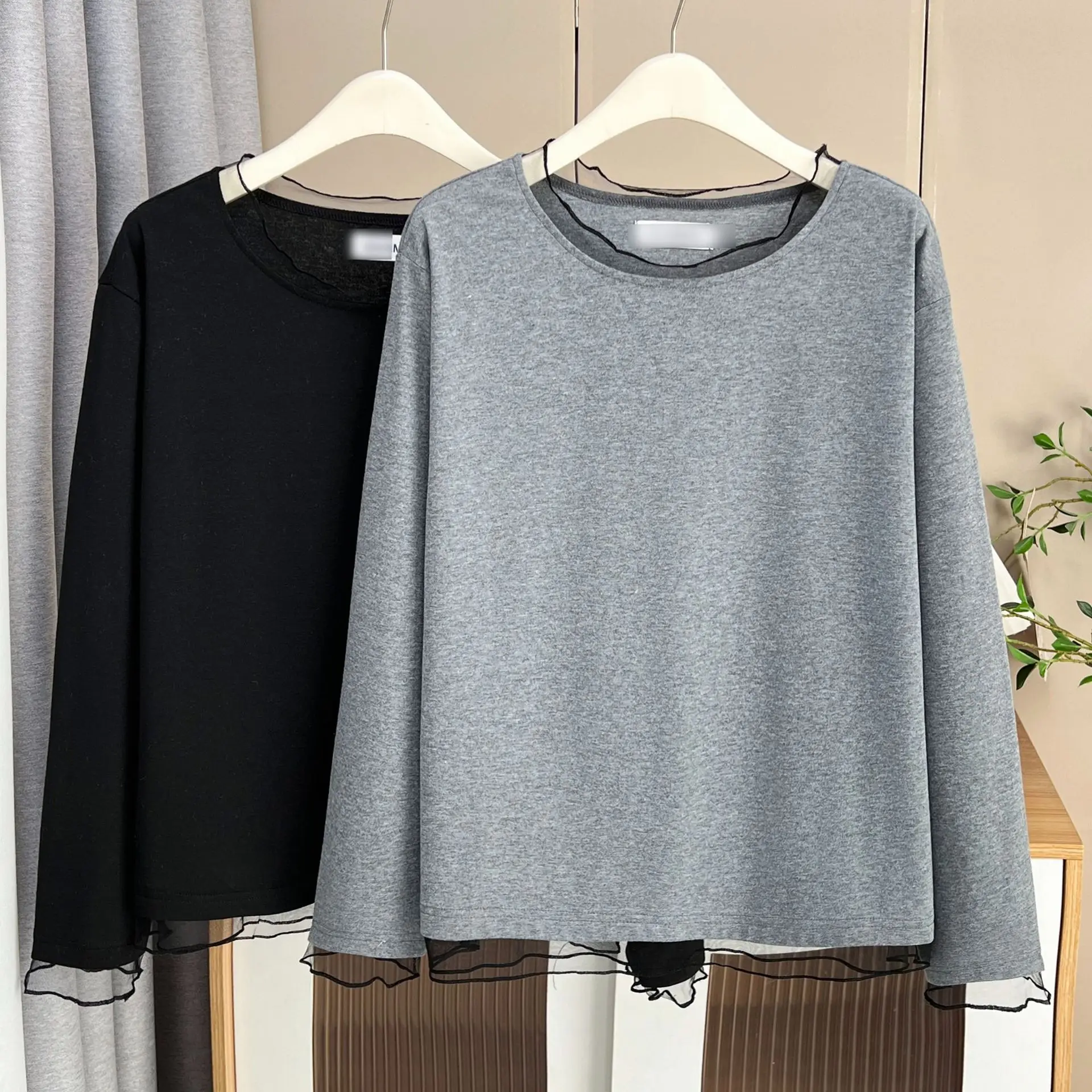 XXXXL Fashion Plus Size Woman Clothing T-Shirt Elegant Mesh Patchwork Collar Long Sleeved Base Casual Tops 1749