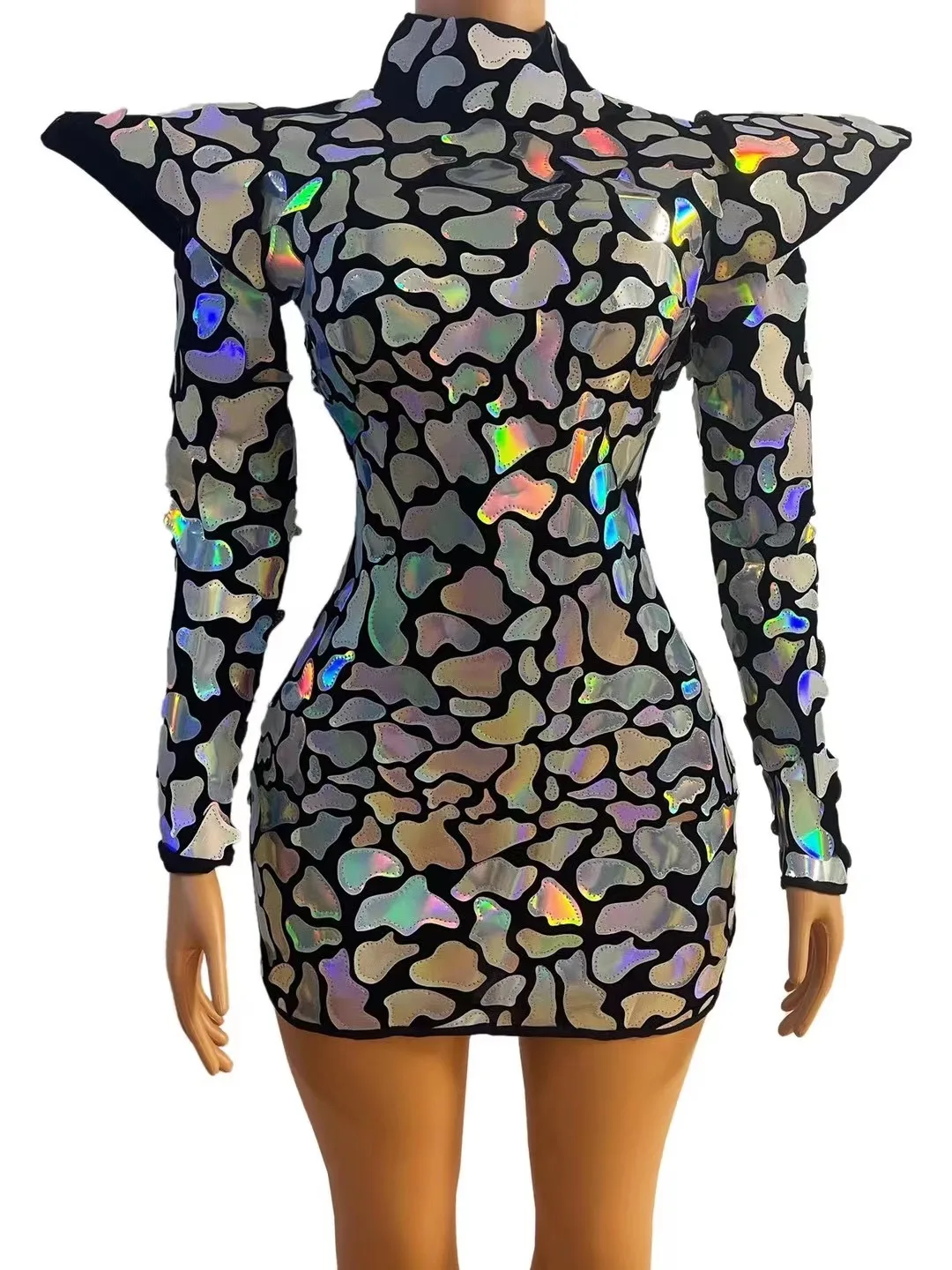 

ShiningABColorsSequinsLongSleeveDressEveningPartyBirthdayOutfit NightclubDanceCostumeSingerPerformanceStageWear
