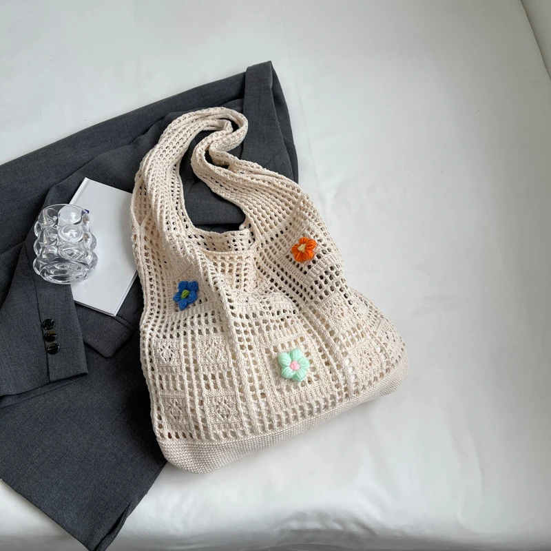 Women Crochet Tote Handbag Hollow Out Crochet Grocery Bag Solid Color Travel Shopping Totes Ladies Daily Shoulder Bag