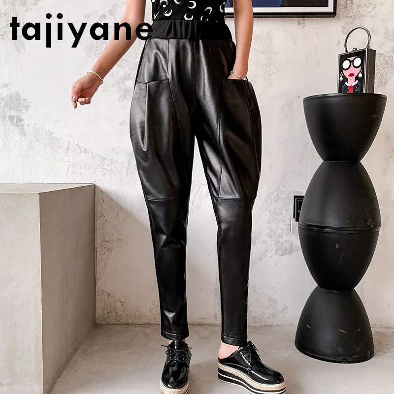 

Tajiyane Women's Leather Stitching Trousers High Waist Loose Harem Pants Sheepskin AB Face Radish Leather Pants Autumn FCY200