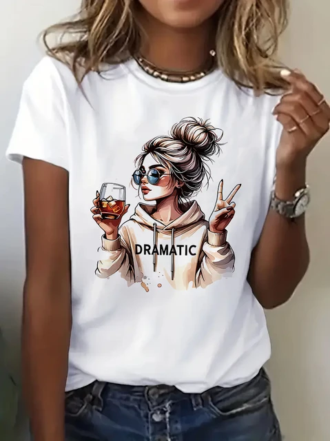 Streetwear 90s Women'S Casual Graphic T-Shirt  "Dramatic" Print with Wine Print Short Sleeve T Shirt Clothing Top Tee 1