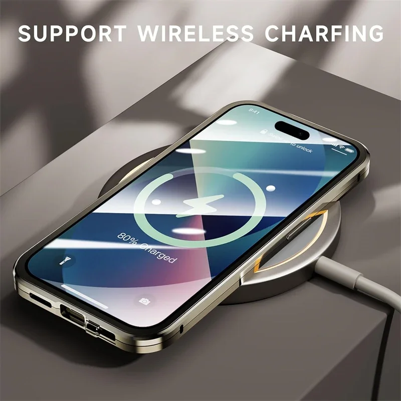 Magnetic Double-Sided Tempered Glass Full Body Case with Lens Protection and Metal Bumper Cover