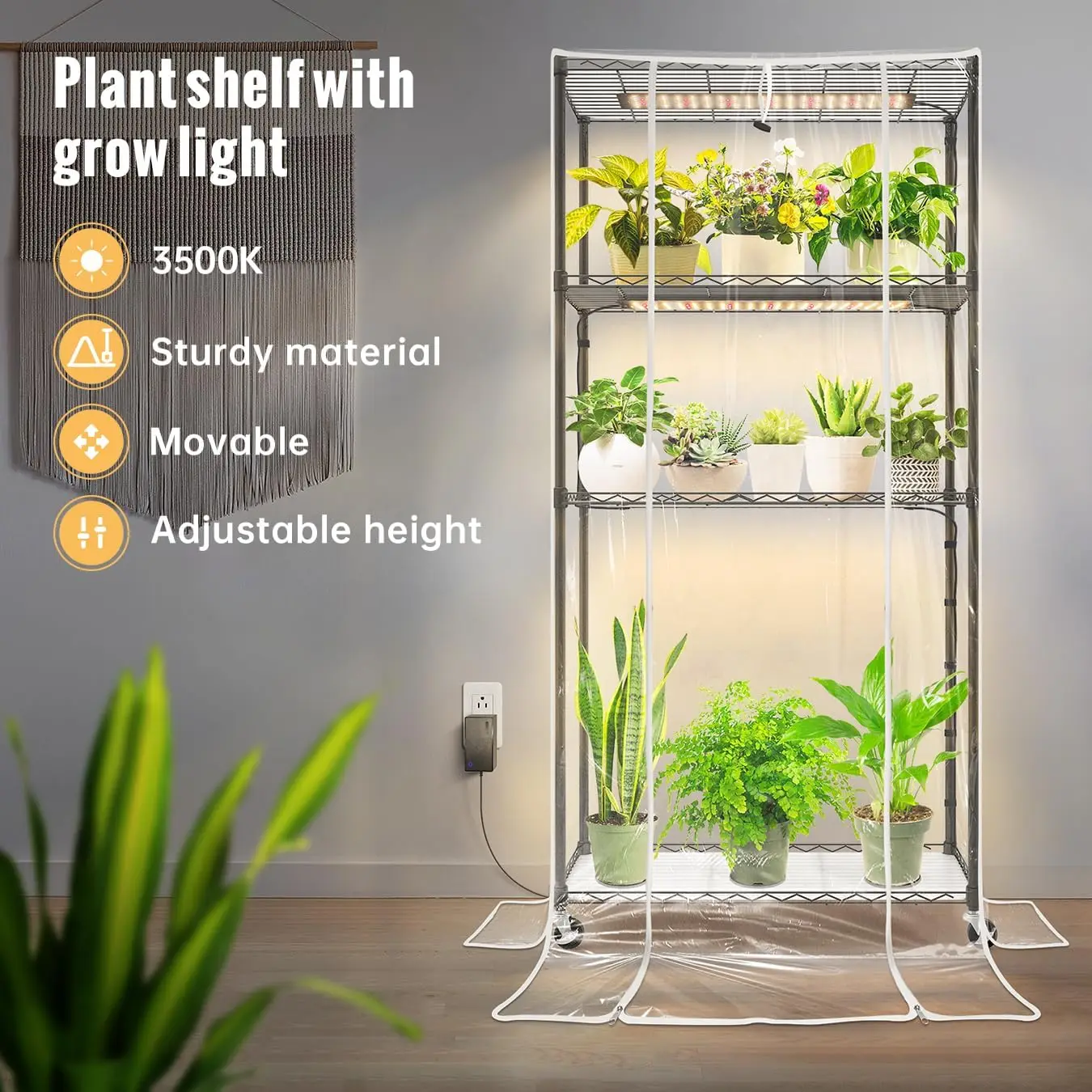 Indoor Greenhouse with Grow Light and Shelves - 4 Tier Plant Stand with Grow Light, Zippered PVC Cover and 3 Dimmable 1.8FT
