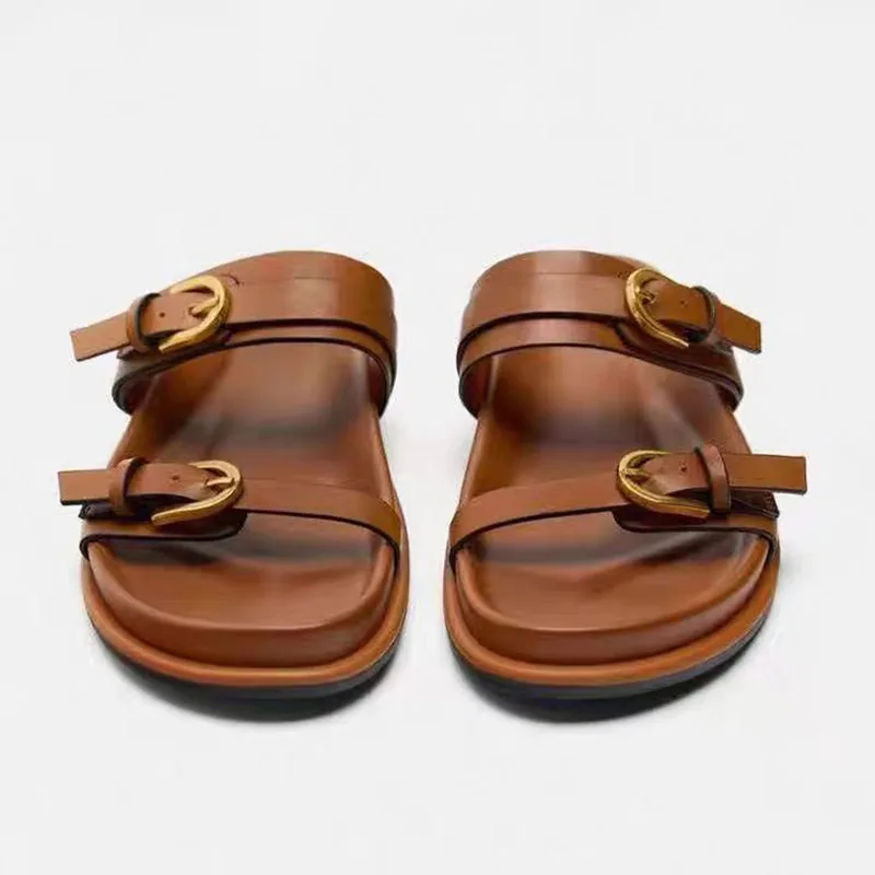 Brown Metal Buckle Flat Slipper 2024 Women Round Head Open Toe Flatfrom Slppers For  Woman Casual Cozy Indoor Thick Sole Shoes