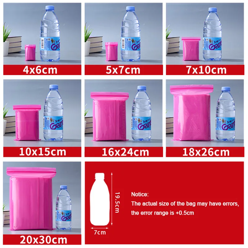 100Pcs PE Pink Thickened 0.13mm Clear Zip Lock Bags Dustproof Sealed Bag Pull Bone Plastic Storage Bag Reclosable Poly Zip Bags 5