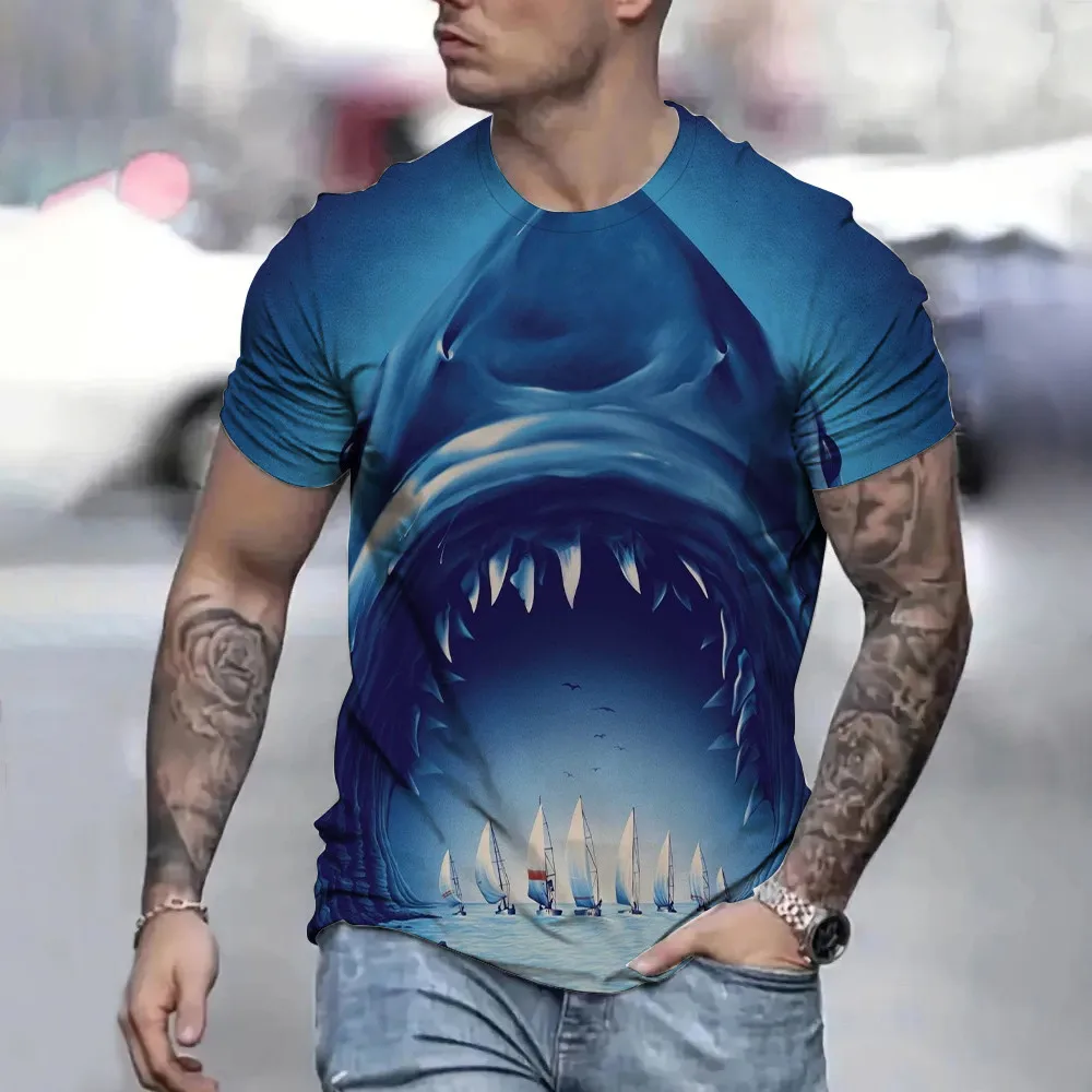 

2024 New Men's T-shirt Deep Sea Shark 3D Print T-shirt Summer Men's T-shirts Casual Loose Streetwear Tees Short Sleeve Tops