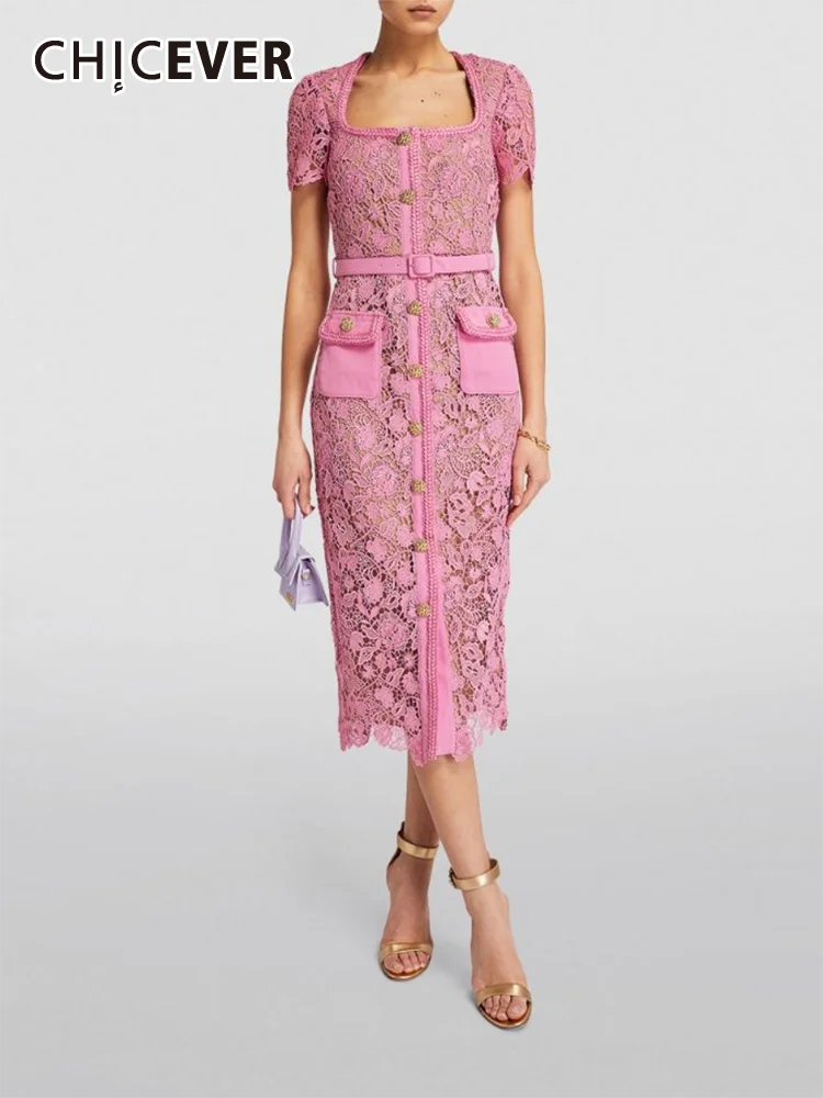 

CHICEVER Embroidery Elegant Dresses For Women Square Collar Short Sleeve Single Breasted High Waist Tunic Slimming Dress Female