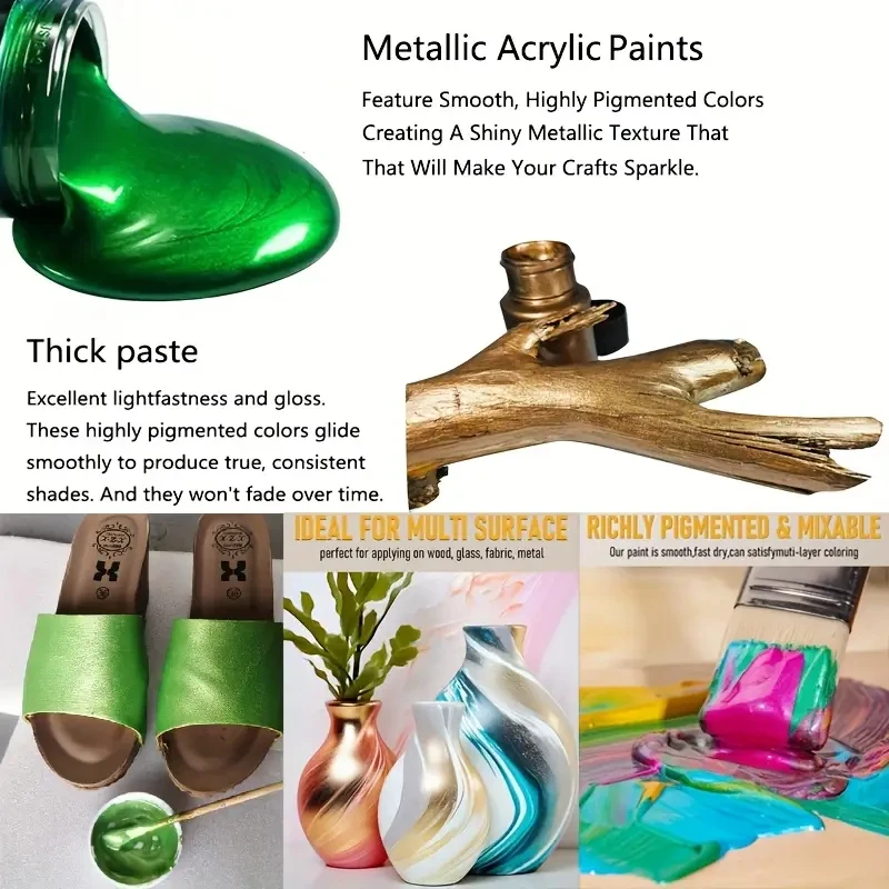 Acrylic Paints 100ml Metallic Acrylic Paint 20 Colors Iridescent Acrylic Paints with 2 Brushes Non-Toxic Non-Fading Art Craft Painting Supplies