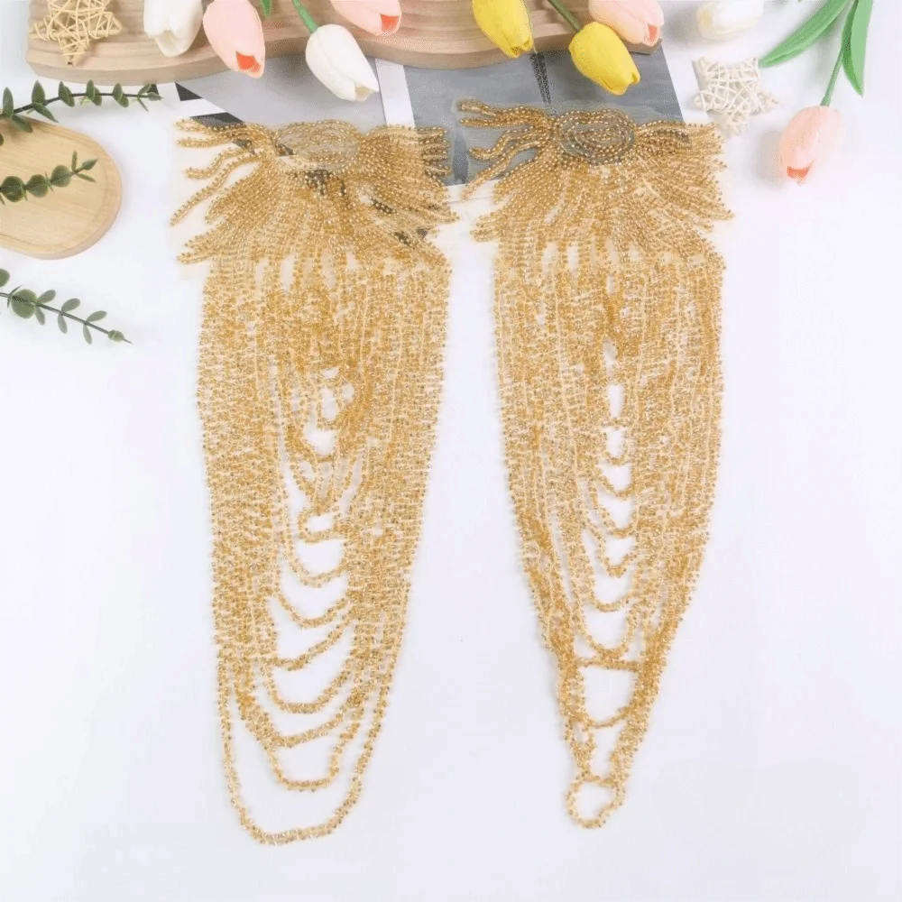 2개 빈티지 태슬 체인 숄더 장식 긴 태슬 체인 DIY 재봉 패치 반짝이는 숄더 랩 수제 비즈 반짝임