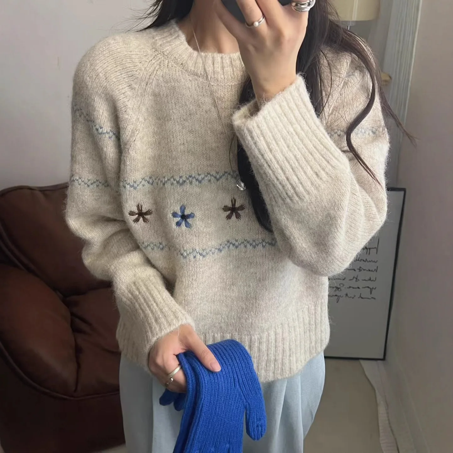 Women Floral Print Long Sleeve Sweater Casual Knitted Pullover