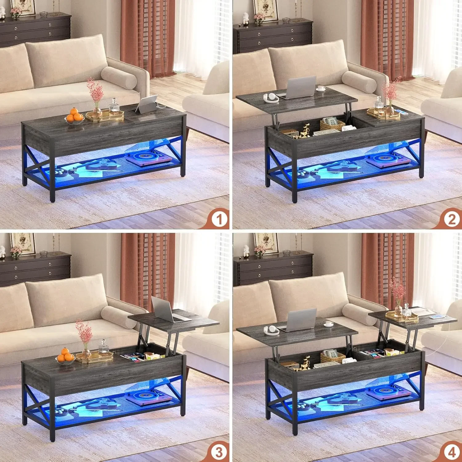 Coffee Table,Lift Top Coffee Table with Storage,LED Light&Power Outlet and Hidden Compartment,Retro Center Table for Living Room 6