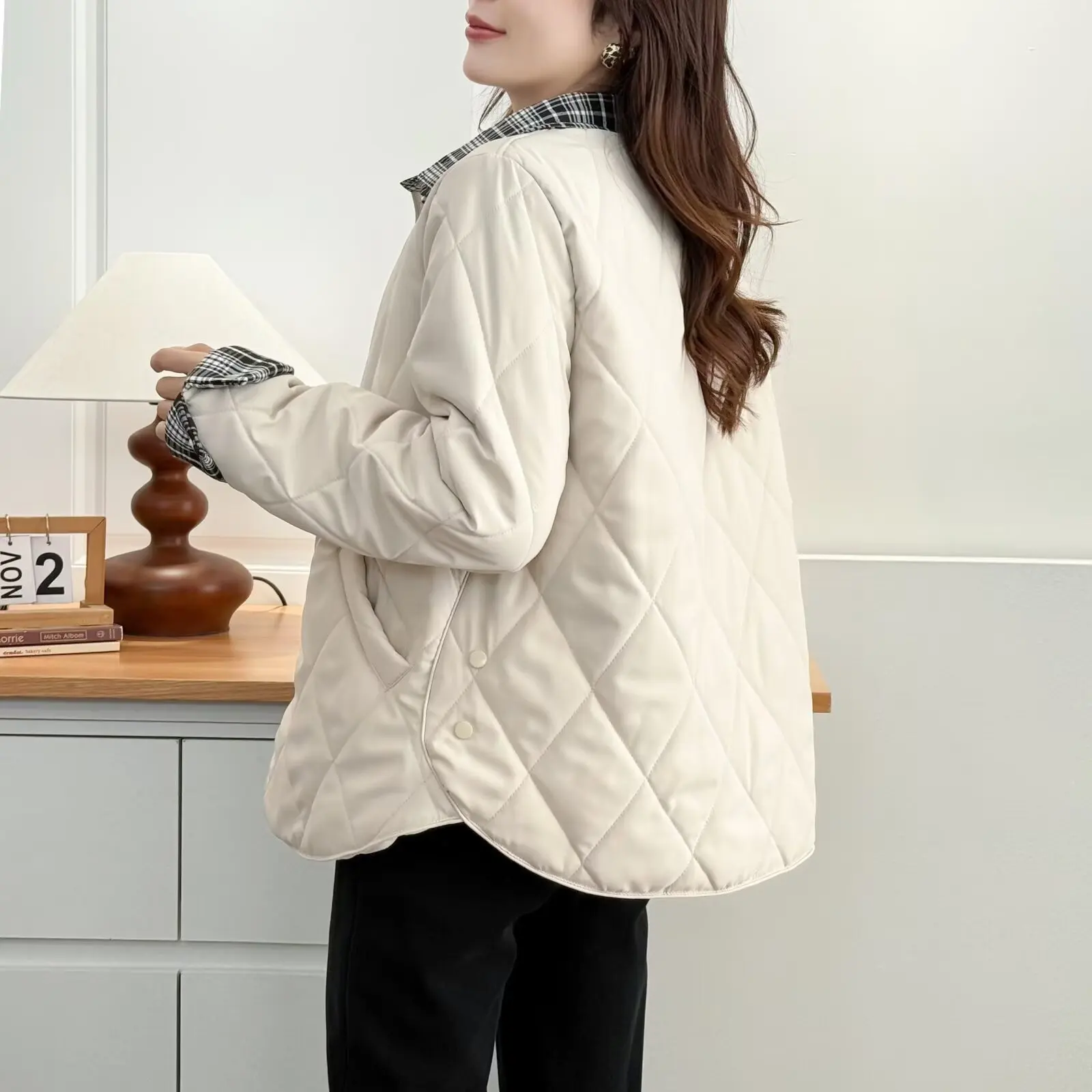 XXXXL Fashion Plus Size Women's Parkas 2025 Autumn And Winter New Style Plaid Lapel Padded Jacket Warm Coats 072