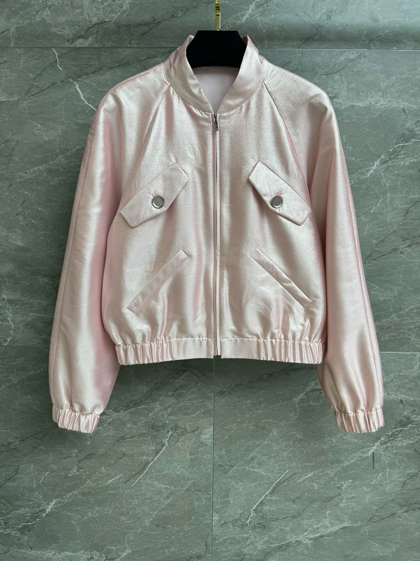 

EVACANDIS High Quality Women Autumn Winter New Pink Sparking Zipper Coat Stand Collar Sweet Silk Blend Loose Chic Casual Tops