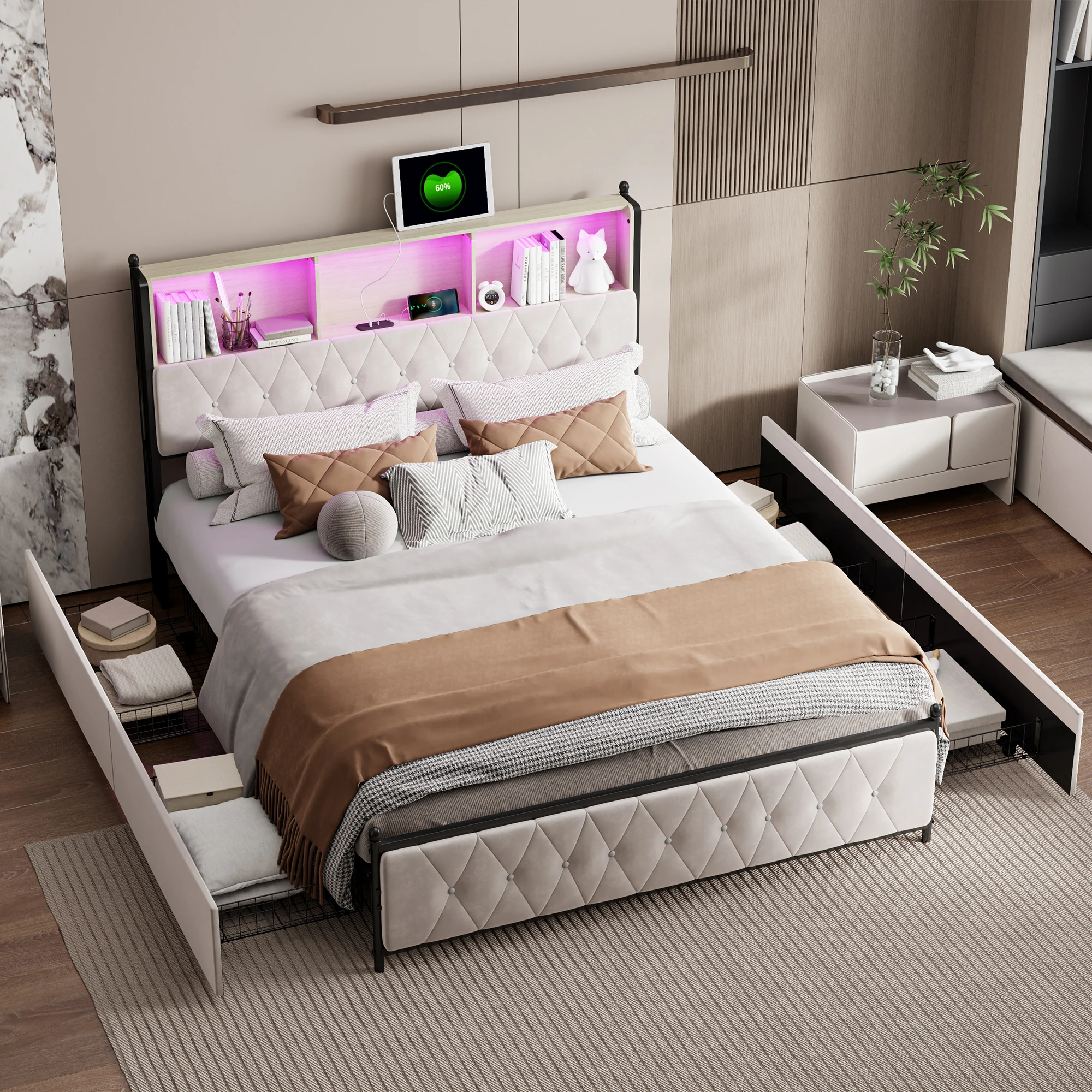 Comanlia 140x200cm Gepolstertes Doppelbett mit Stauraum, 4 Schubladen, LED-Lichtleiste und USB-Ladefunktion, Samt, Beige – Detail 2