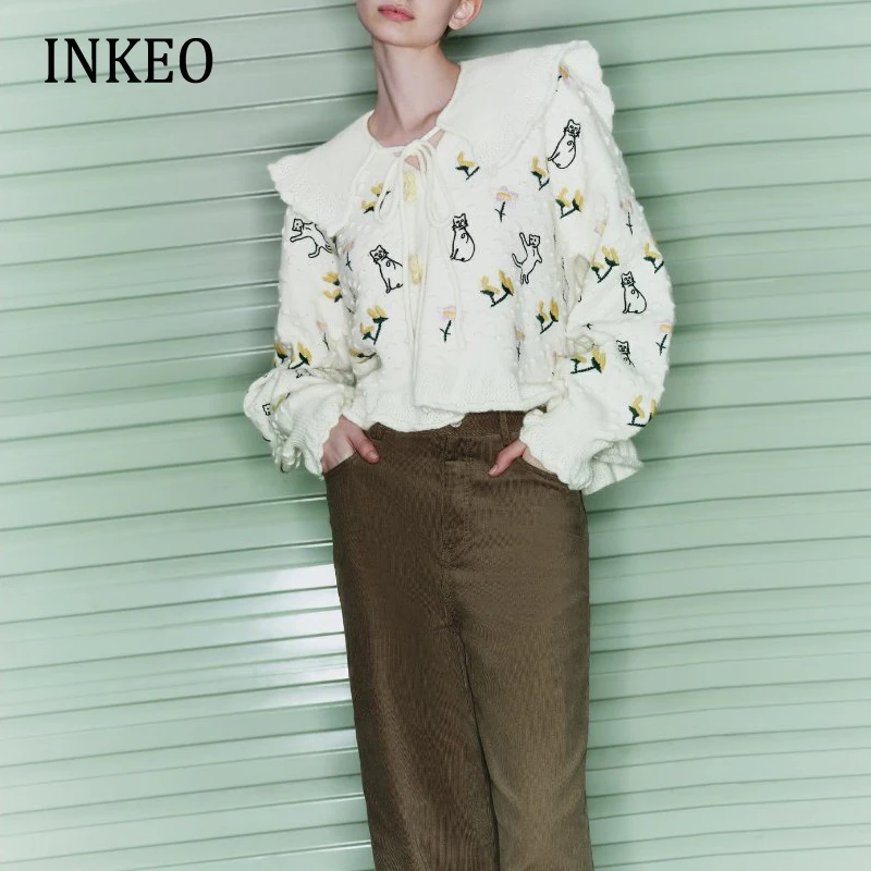 

Sweet Women's Embroidery Cardigan Peter pan collar knit sweater Loose High quality Lantern sleeve knitwear 2023 New INKEO 2O350