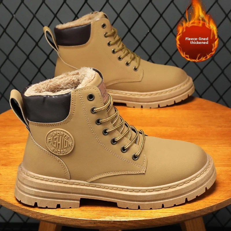 WinterFleece-Lined Men's Boots New High-Top Work Shoes Trendy Versatile Thickened Warm Cotton Shoes Rubber Sole Casual Shoes