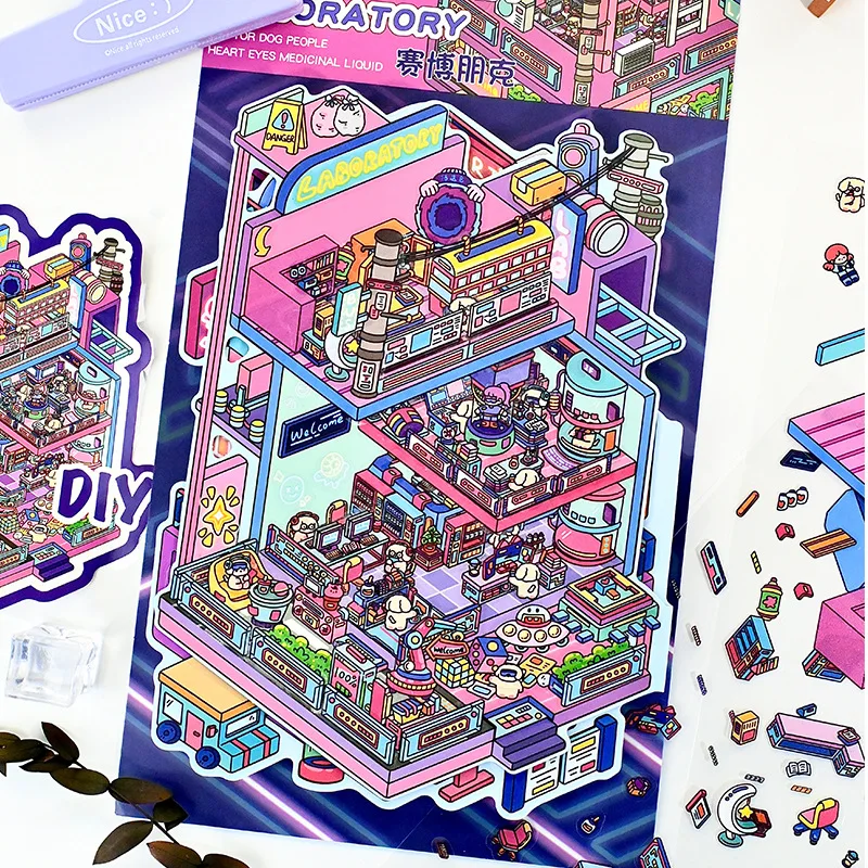 귀여운 사이버펑크 3D 겨울 온천 풍경 스티커 DIY 포켓 캐빈 장면 축제 선물 ?