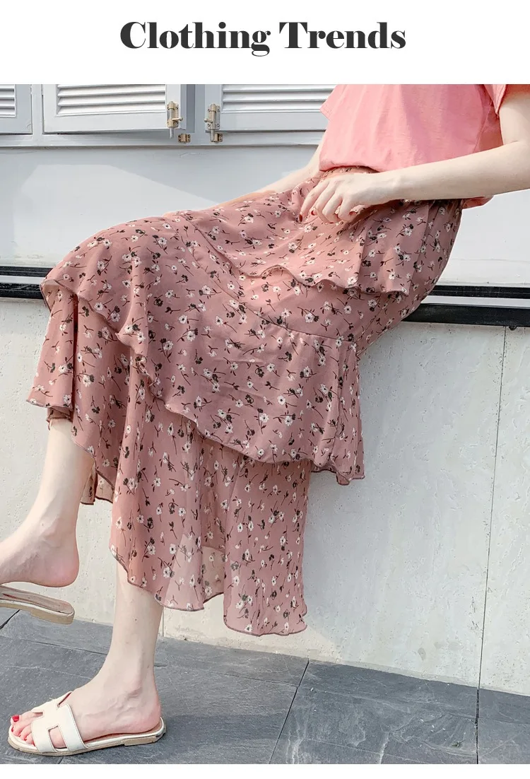 Summer Skirts Womens 2022 New Polka Dots Floral Print Chiffon Pleated Skirt Irregular Cake Skirt Casual Midi Skirt Women Clothes hoop skirt