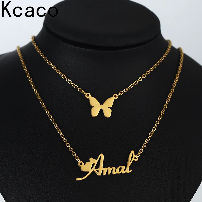 Customized Name Necklace Butterfly Choker Stainless Steel Letter Double Layers Chain Pendant Necklaces Jewelry for Women Gift