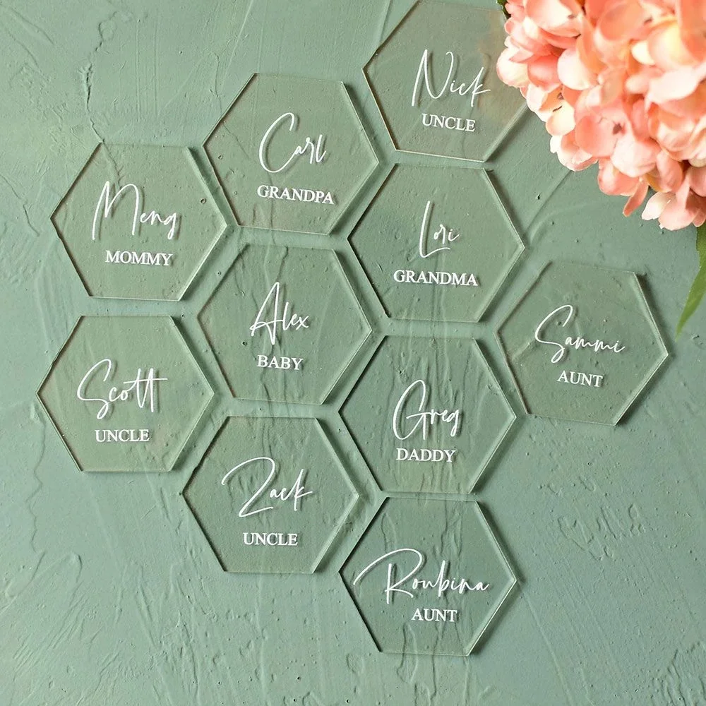 Clear acrylic hexagon blank place cards wedding names plain tiles 