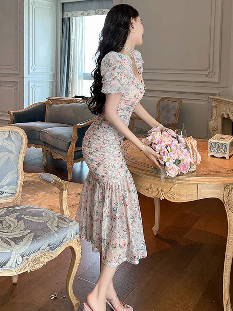 Sweet Gentle Elegant Dress for Women Mesh Flower Pleate Bubble