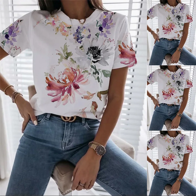 

Summer Fashion Women's Printed Short Sleeve V-Neck T-shirt Casual Versatile Top Female and Lady Shirts
