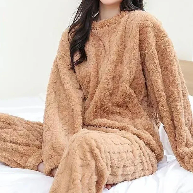 Autumn Women Solid Warm 2 Piece Sets Thicken Velvet Ribbed Fleece Pullover And Pants Casual Pajama Sets