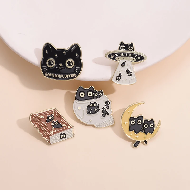 5PCS Creative Cartoon Punk Black Cat Animal Series Enamel Pins Brooches Lapel Badges Fun Jewelry Gifts for Children enamel pins