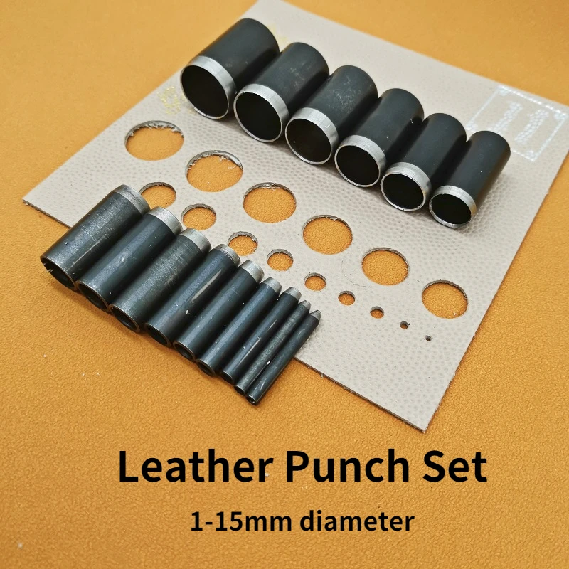 1-15mm Leather Hole Punch Set Round Hollow Steel Puncher Cutting Tool  Leather Die Punching Pad for Belt Watchband Leathercraft