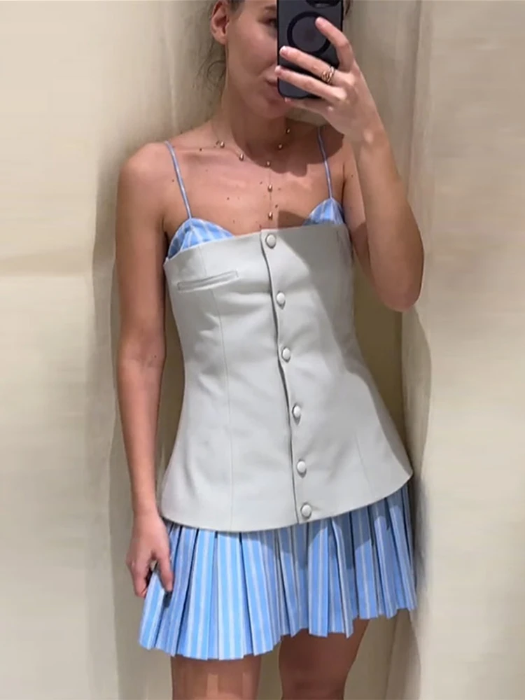 Patchwork Pleated Mini Dress Women Sexy Slim Sleeveless Contrast Female Short Dresses 2025 Summer Y2k Street Lady Sling Vestidos 2